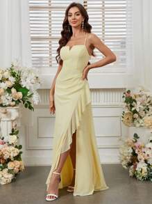 SHEIN Belle 成人伴娘礼服高开叉荷叶边装饰优雅连衣裙 - 黃色 - 查看 4