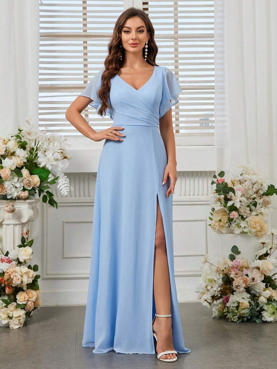 SHEIN Belle Elegant Women's Early Spring Wedding Season Soft Light Blue Elegant Chiffon Lotus Leaf Floating Sleeves Discounted High Waist High Slit Umbrella Hem Bridesmaid Dress - Blue - View 1