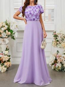 SHEIN Belle Thêu hoa U-Back Váy phù dâu Với 3D Hiệu ứng Hoa ( Người lớn ) - Màu tím hoa cà - Xem 5