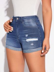 女士破洞捲邊牛仔短褲 - 深色水洗藍 - 查看 5