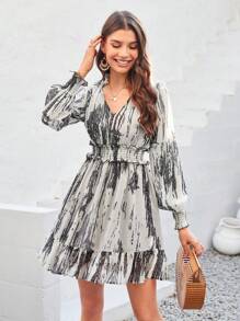 GENKIRA Printed V-Neck Wrap Dress With Ruffle Detail - Multicolor - View 3