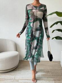 SHEIN Essnce 隨機印花長袖短上衣 - 墨綠色 - 查看 1