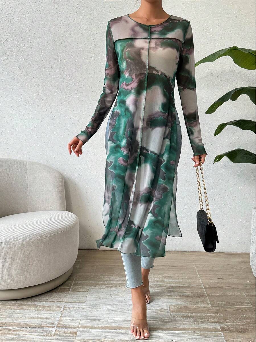 SHEIN Essnce 隨機印花長袖短上衣 - 墨綠色 - 查看 1