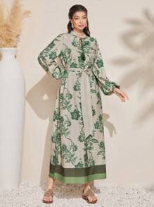 Al Najma Women's Floral Print Bow-Tie Neck Long Lantern Sleeve Modest Dress Cottagecore Dresslantern Sleeve Dressresort Wear Women - Green - View 3