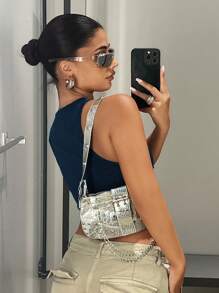 SHEIN ICON Cropped Tank Top With Embroidered Detailing For Summer - Navy Blue - View 2