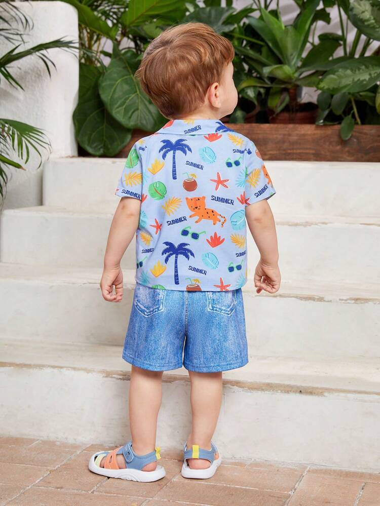 Baby Boys' Cartoon Animal Print Shirt And Denim Shorts Set