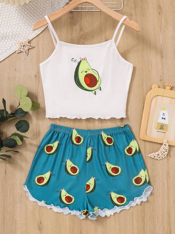 SHEIN Teen Girls' Lovely Avocado Patterned Camisole Top & Ruffled Shorts Pajama Set