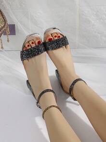 時尚女士厚跟黑色涼鞋,春夏新品,多種穿搭,配有方頭踝帶、露趾、中空後跟和後帶透氣舒適的高跟拖鞋 - 黑色 - 查看 7