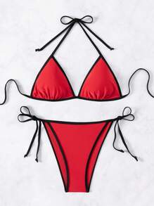 SHEIN Swim 夏季性感女士吊带露背比基尼套装 - 紅色 - 查看 1