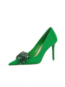 欧美风格宴会高跟鞋女鞋超高细跟丝缎低鞋面尖头高跟婚鞋 - 綠色 - 查看 5