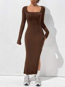 SHEIN EZwear 女士針織側開叉修身連衣裙 - 巧克力棕 - 查看 6