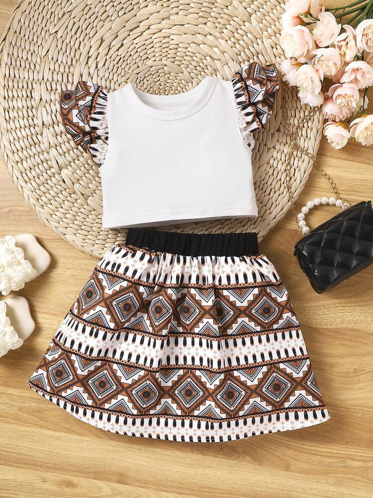 2pcs/Set Baby Girl Lotus Flutter Sleeve Round Neck Elastic Top Geometric & Colorful Pattern Printed Skirt, Gorgeous Fashionable And Comfy, Suitable For Spring Summer