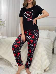 心形印花短袖t恤和褲子睡衣套裝 - 黑色 - 查看 5