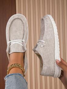 女式舒適透氣易穿梭運動鞋,米色休閒運動平底鞋 - 卡其色 - 查看 2