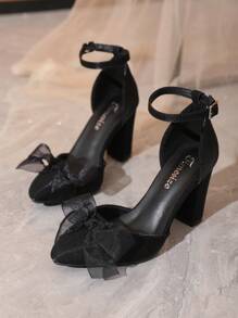 Timesize 女士黑色蝴蝶結高跟鞋,珍鞋型,厚跟,適用於婚禮、低跟、上班、正式場合穿著 - 黑色 - 查看 5