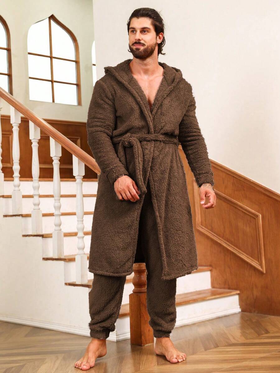 Traje De Hogar Para Hombre De Color Sólido Y Con Forro Polar - Marrón - Ver 1