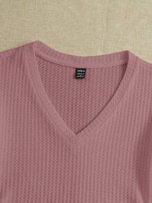 SHEIN EZwear Women's Solid Color V-Neck T-Shirt - Dusty Pink - View 5