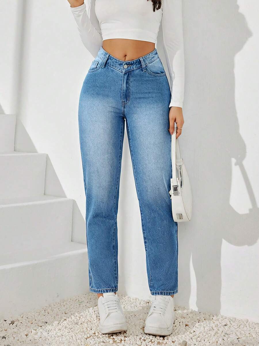 SHEIN Privé Jeans Con Cintura Alta Y Corte En V Con Pierna Cónica - Lavado ligero - Ver 1