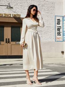SHEIN Privé Solid Color Turn-Down Collar Long Sleeve Dress - Beige - View 4