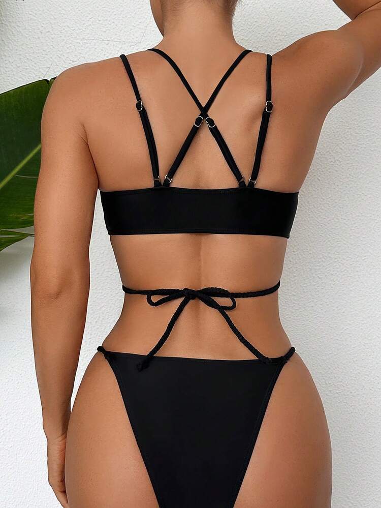 Ladies' Plain Bikini Set With Circular Decoration Summer Beach