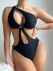 SHEIN Swim One-Shoulder Sleeveless Solid Black Hollow Out One-Piece Swimsuit Summer