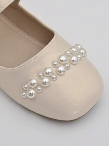 女童/中大童婚禮舞臺珍珠嵌花公主珍平底鞋 - 杏色 - 查看 6