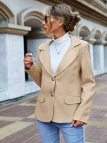 EURMUSE Women's Lapel Collar Blazer Jacket - Beige - View 3