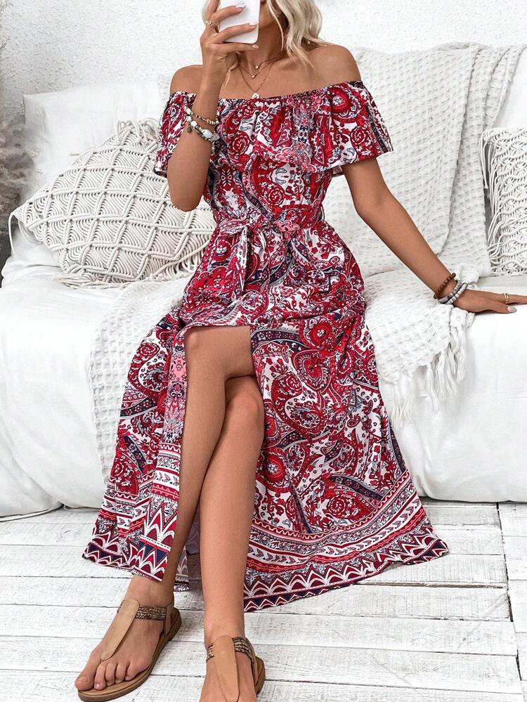 Paisley Print Off Shoulder High Side Split Dress