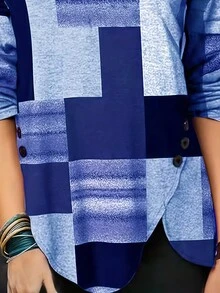 Kaos Lengan Panjang Motif Geometris Kasual Ukuran Besar - Biru - View 8