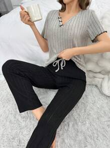 Conjunto De Pijama De Camiseta Sólida Con Ribete De Lechuga Y Pantalones Cortos Acanalados - Multicolor - Ver 3