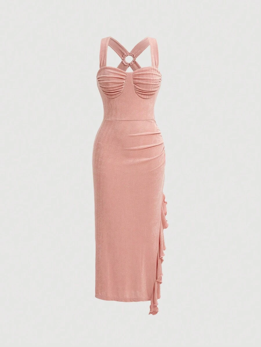 SHEIN X Jessie SHEIN MOD Women's Back Circular Ring Ruffle Belted Dress - Pink - View 1