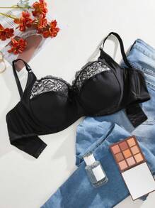 Plus Size Women's Lace Floral Bra - Black - View 5