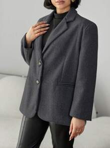 EURMUSE Women'S Wide Shoulder Woolen Coat With Single Button Closure - Black - View 3