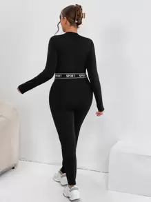 SHEIN Essnce 大尺碼春夏新款時尚休閒字母圖案拉鍊長袖修身連身褲 - 黑色 - 查看 2