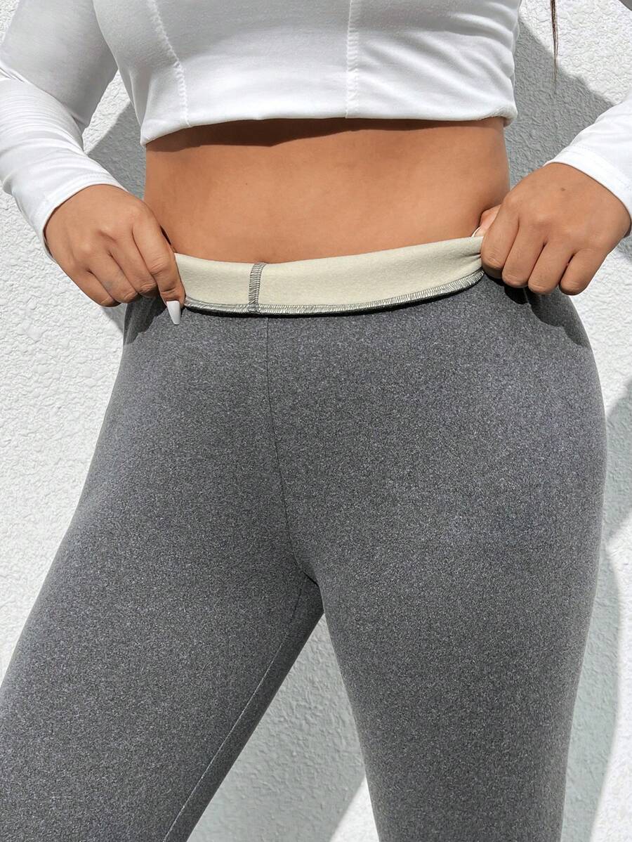 SHEIN EZwear 大码女式针织字母印花长款高腰保暖内衬紧身裤 - 灰色 - 查看 1