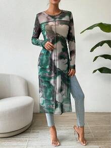 SHEIN Essnce 隨機印花長袖短上衣 - 墨綠色 - 查看 3