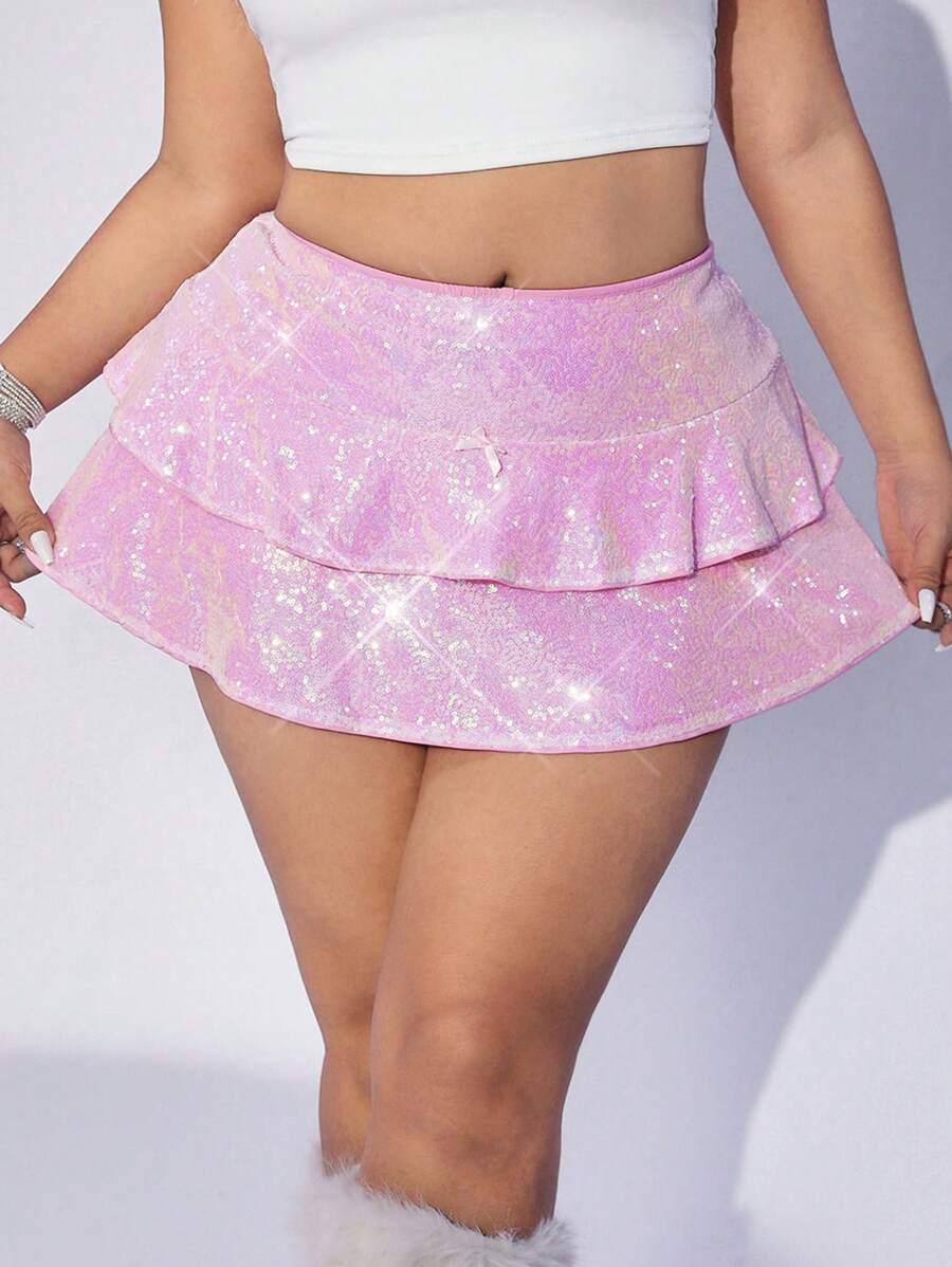 SHEIN ICON Y2k Spring Plus Size Women's Glittery Pink Mini Skirt,Valentine Day - Pink - View 1