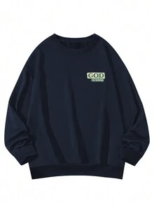 女士休闲标语和棕榈树印花圆领运动衫，秋冬 - 藏蓝色 - 查看 3