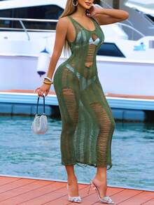 SHEIN SXY 女式空心針織毛衣連衣裙 - 軍綠色 - 查看 6