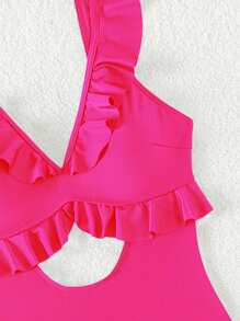 SHEIN Swim Summer Beach Ruffle Edge Trimmed Hollow Out One-Piece Swimsuit Valentine - Hot Pink - View 7
