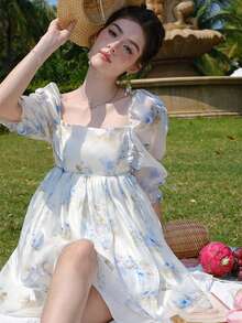 Women's Floral Printed Puff Sleeve Dress - White - View 4