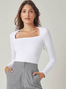 SHEIN BASICS Camiseta Sólida De Cuello Cuadrado De Manga Larga Y Corte Ajustado - Blanco - Ver 1