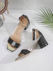 時尚女士厚跟黑色涼鞋,春夏新品,多種穿搭,配有方頭踝帶、露趾、中空後跟和後帶透氣舒適的高跟拖鞋 - 黑色 - 查看 5