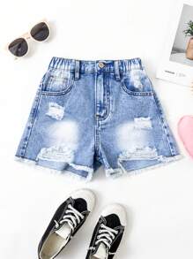 Tween Girls' Denim Shorts, New Arrival Casual Frayed Hem & Distressed Washed Jeans Shorts - Medium Wash - View 1