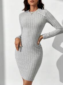 SHEIN Tall Women's Tight-Fitting Long Sleeve Ribbed Dress - Grey - View 6