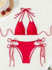 SHEIN Swim 女士吊带比基尼套装文胸和比基尼下装比基尼套装适合夏季海滩 - 紅色 - 查看 8