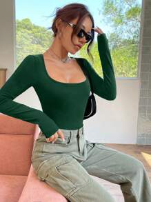 SHEIN EZwear Solid Color T-Shirt Bodysuit - Green - View 5
