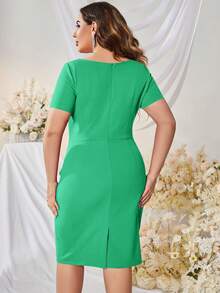 Retro Professional Style Bow Collar Ruffle Waist & Hem Cocktail Pencil Dress Elegant - Mint Green - View 2