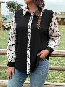 EMERY ROSE Kích thước lớn Khối màu Bảng Tay áo dài Áo sơ mi - Đen và trắng - Xem 1