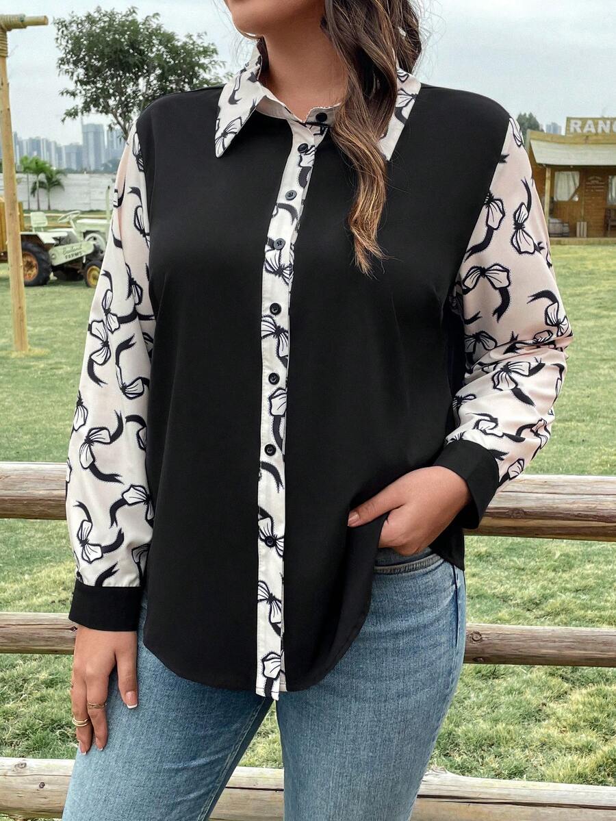 EMERY ROSE Kích thước lớn Khối màu Bảng Tay áo dài Áo sơ mi - Đen và trắng - Xem 1